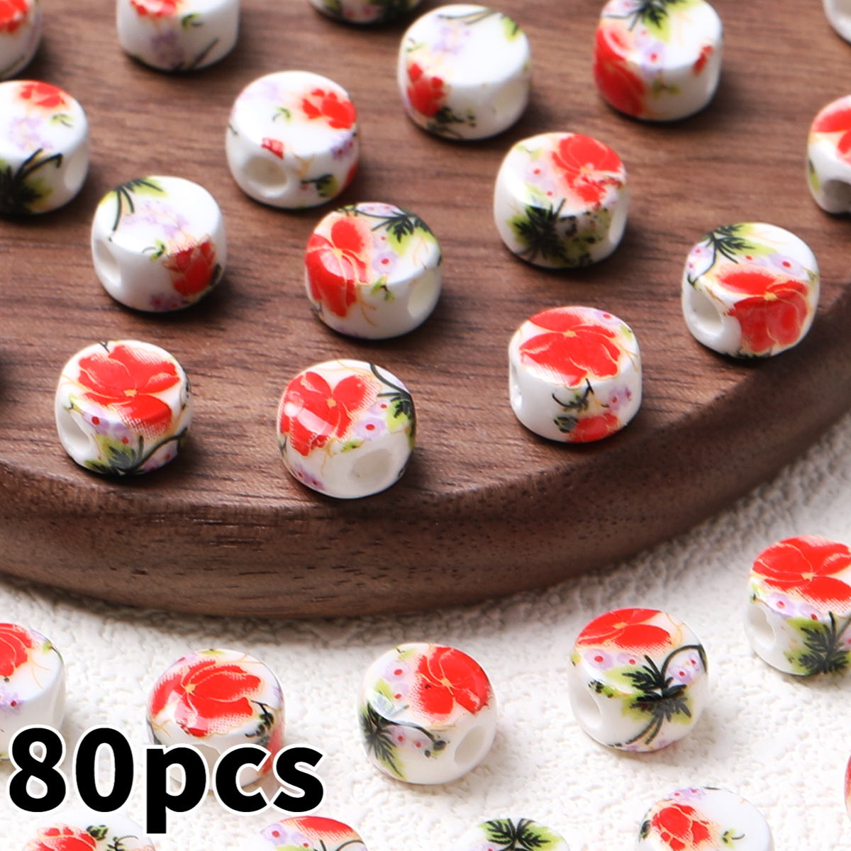 20pcs Random Color Flat Round Printed Flower Ceramic Beads